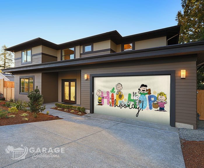 A decorative garage door cover featuring characters from Peanuts, including Snoopy, Charlie Brown, and Woodstock, with the text 'Hip Hop Hooray!' on a spring-themed background.