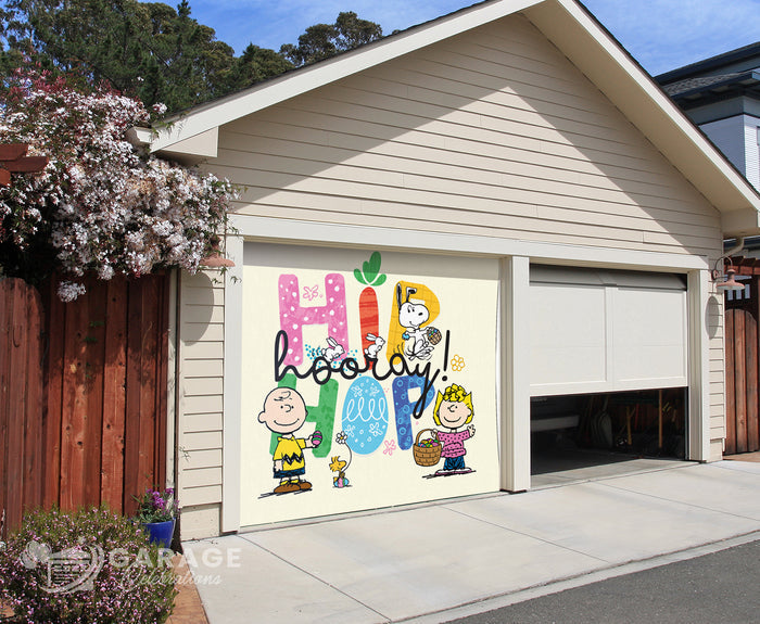 A decorative garage door cover featuring characters from Peanuts, including Snoopy, Charlie Brown, and Woodstock, with the text 'Hip Hop Hooray!' on a spring-themed background.