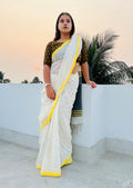 Holud Paare White Yellow Khadi Cotton Saree by ShopAaMe