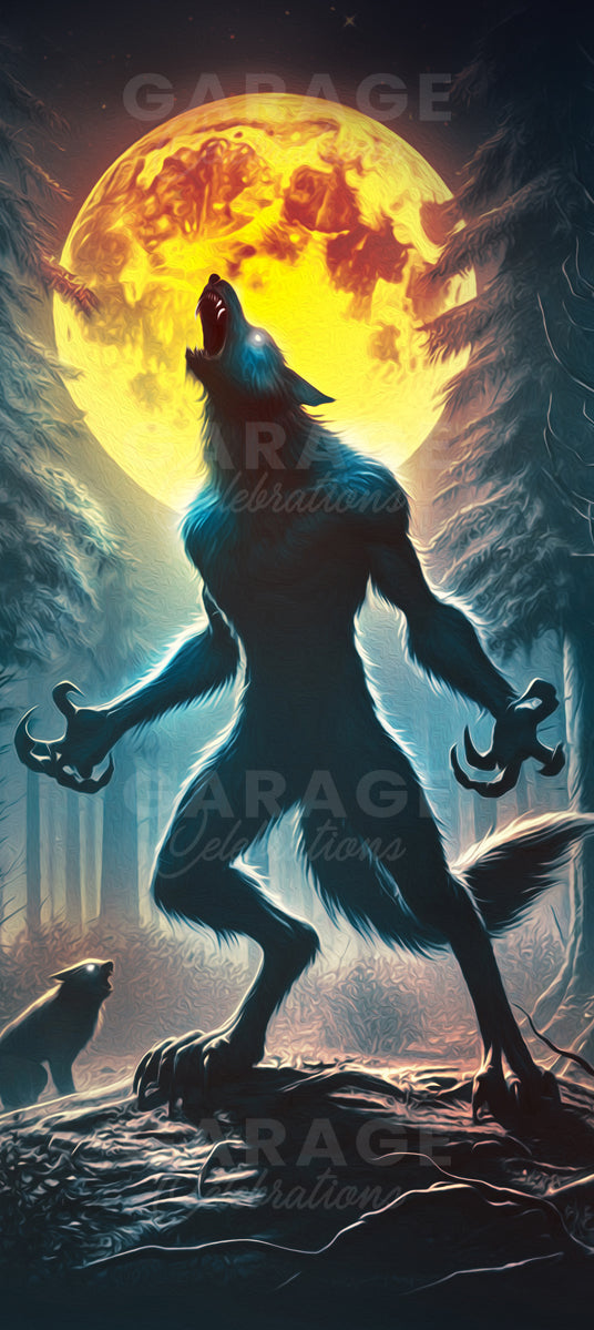 Werewolf howling at a full moon with a dark forest background.