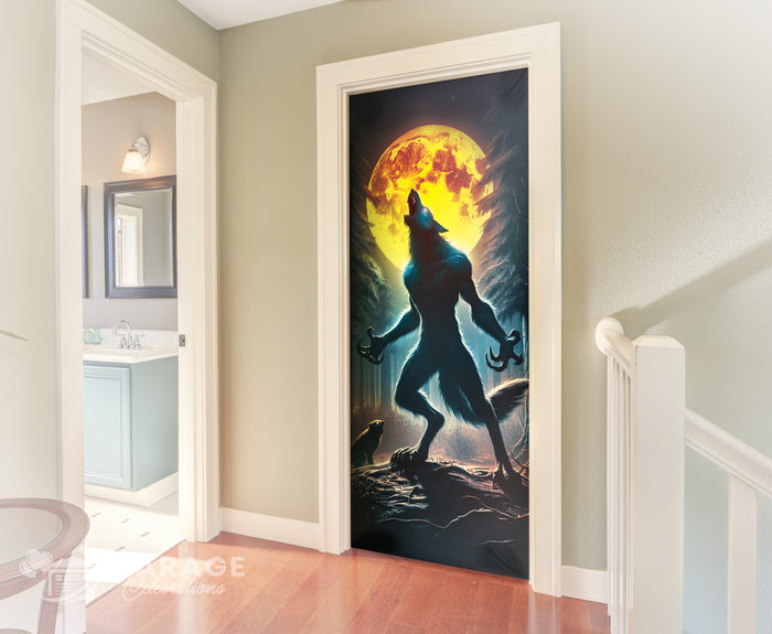 Decorative door with a Werewolf howling at a full moon with a dark forest background.
