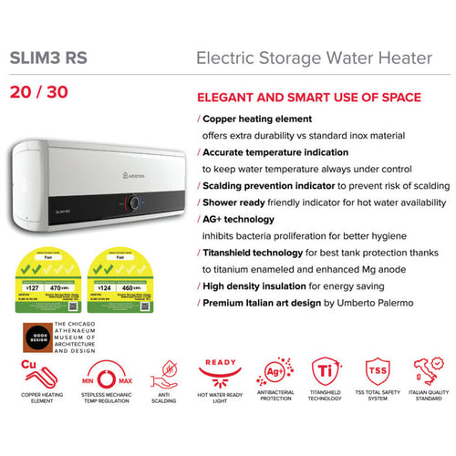 (Installation Available) Ariston Slim3 RS / Slim3 Top Wi-Fi (20L / 30L) Storage Water Heater (Local Warranty)