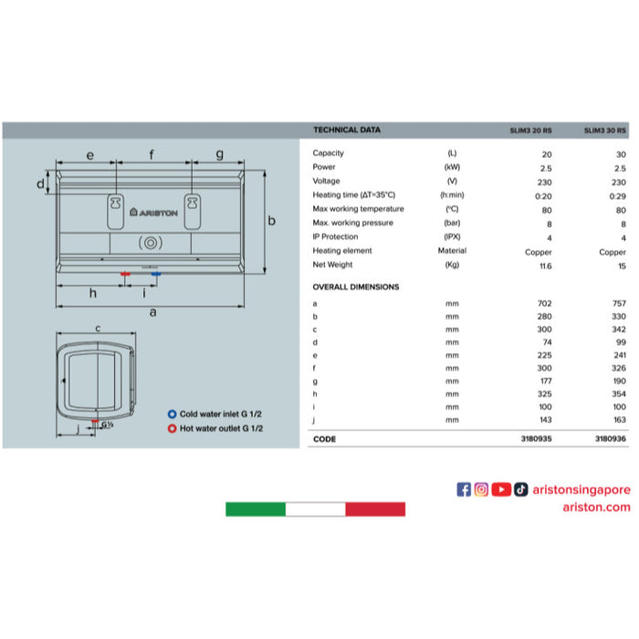 (Installation Available) Ariston Slim3 RS / Slim3 Top Wi-Fi (20L / 30L) Storage Water Heater (Local Warranty)