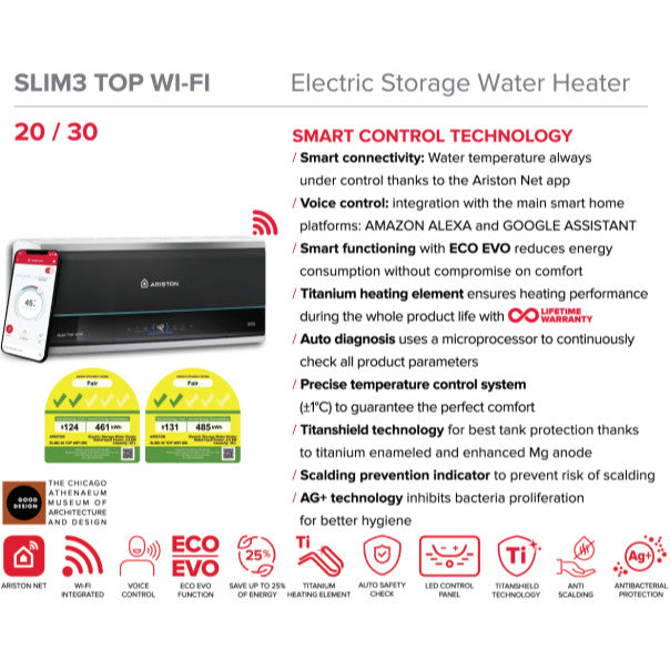 (Installation Available) Ariston Slim3 RS / Slim3 Top Wi-Fi (20L / 30L) Storage Water Heater (Local Warranty)