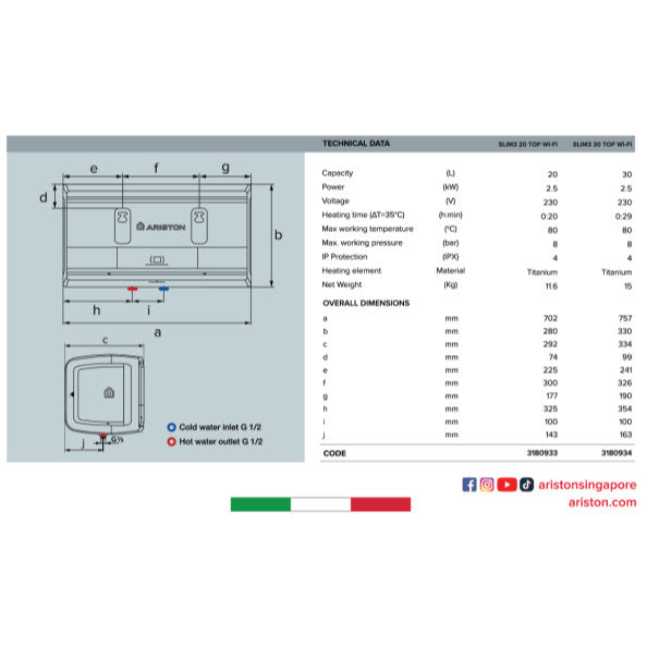 (Installation Available) Ariston Slim3 RS / Slim3 Top Wi-Fi (20L / 30L) Storage Water Heater (Local Warranty)