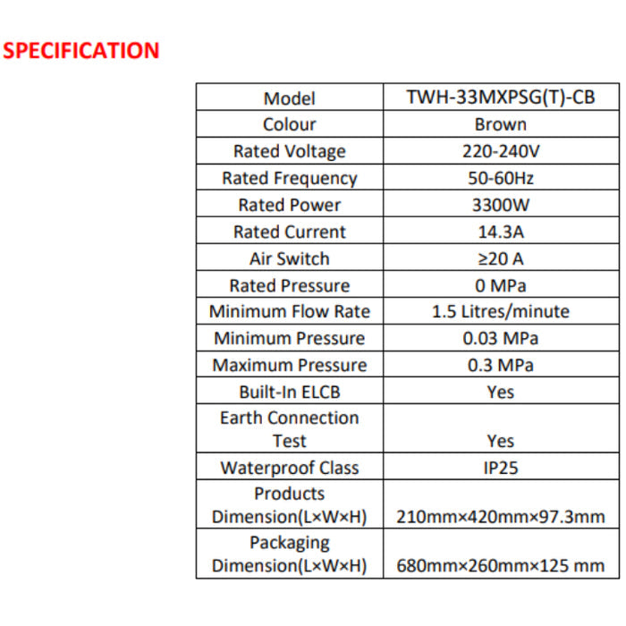 *Installation Available* Toshiba Instant Water Heater TWH-33MXPSG | TWH-33MXPSG(T)-CB w DC Booster Pump & Built-In ELCB