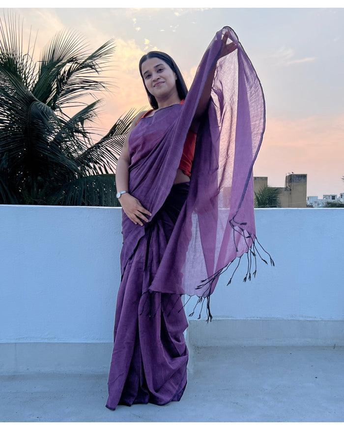 Comfortable plum coloured khaadi cotton saree by Shopaame