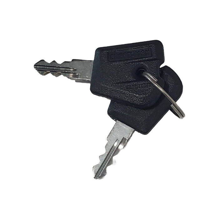 Set of 2 Craftsman toolbox replacement keys with black caps on a key ring