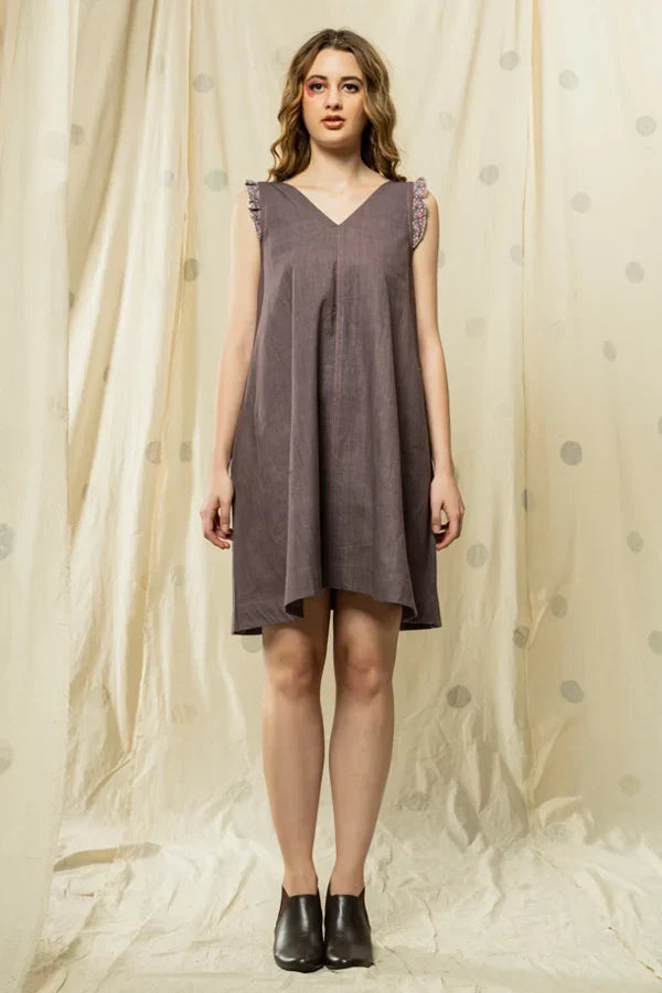 Khadi Cascade-Flowy Pleated V-Neck Dress