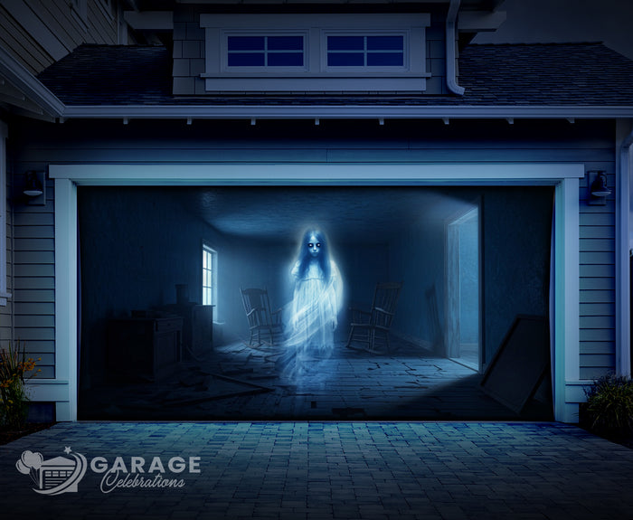 Garage door with a ghostly figure inside, featuring 'Garage Celebrations' logo.