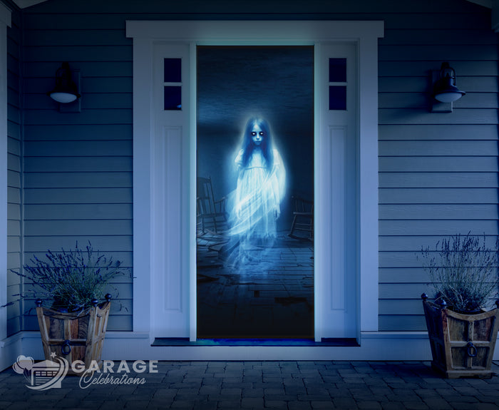 Ghostly figure emerging from a home front door at night.