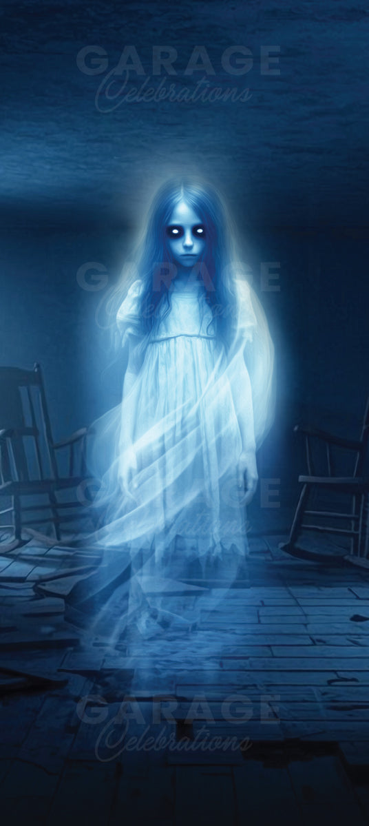 Ghostly figure with blue hair and glowing eyes in a dark room.