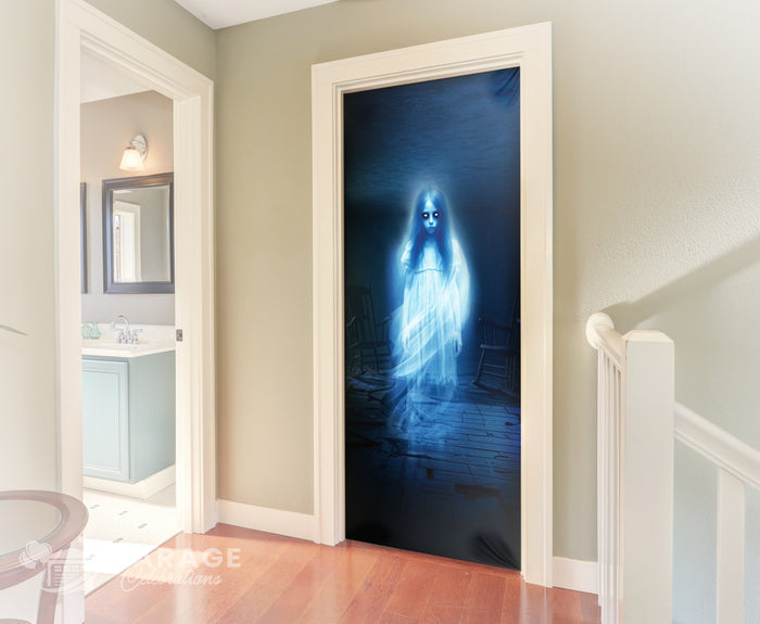 Ghostly figure on a door in a home interior setting