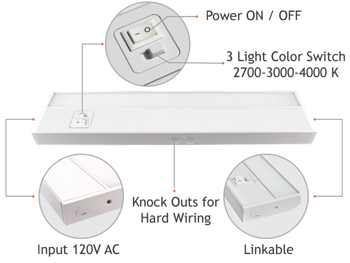 Product Display Visual of the SKU: UCL1001-16-LED for Marketing of theLotus 16" Under Cabinet LED Bar 120V Dim 3CCT 27-30-40K 10W 900 lm CRI 90+ | UCL1001-16-LED