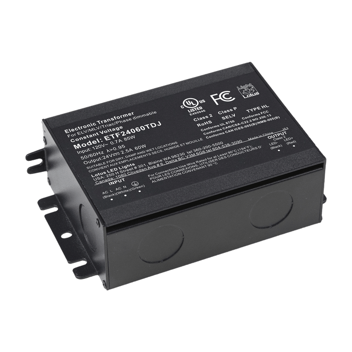 Product Display Visual of the SKU: ETF24060TDJ for Marketing of theLotus 24V DC 60W Electronic Transformer in J-box Triac Dim 120VAC | ETF24060TDJ