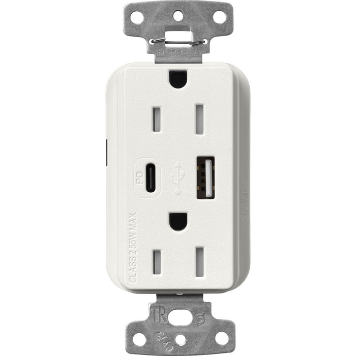 Lutron Claro SCR-15-ACTR-RW USB-A + USB-C PD duplex receptacle, satin finish, Architectural White