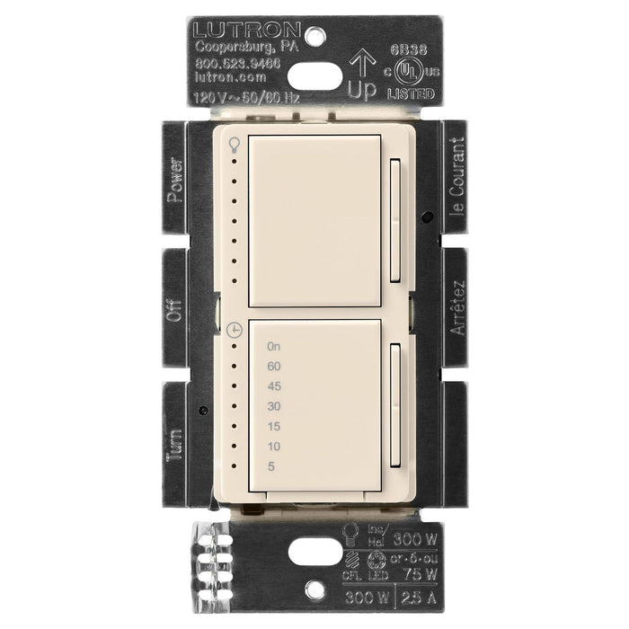 Lutron Maestro LED+ Dual Dimmer and Timer Switch, 75W LED Dimmer, 2.5A Timer, Single- Pole, MACL-L3T251-LA, Light Almond