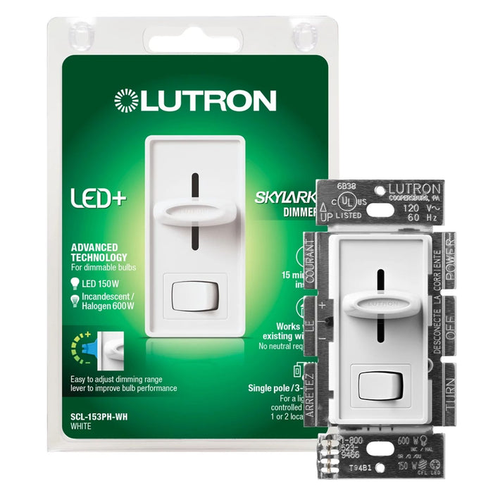 Skylark LED+ Dimmer for LED, halogen, and incandescent dimmable bulbs, clamshell packaging in white, for Canada
