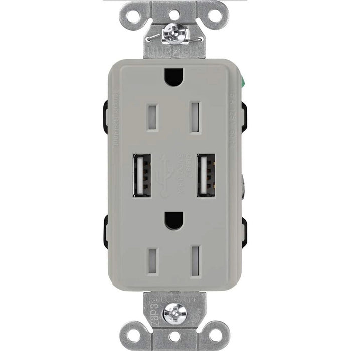 Lutron Claro USB Type A 2.0 Duplex Receptacle, 15 Amp, Gray