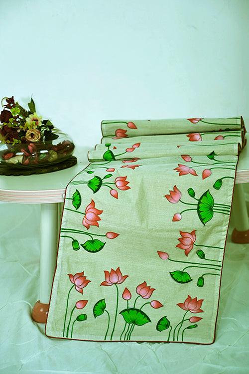 Madhubani Handpainted Chanderi Table Runner & Table Mats Set