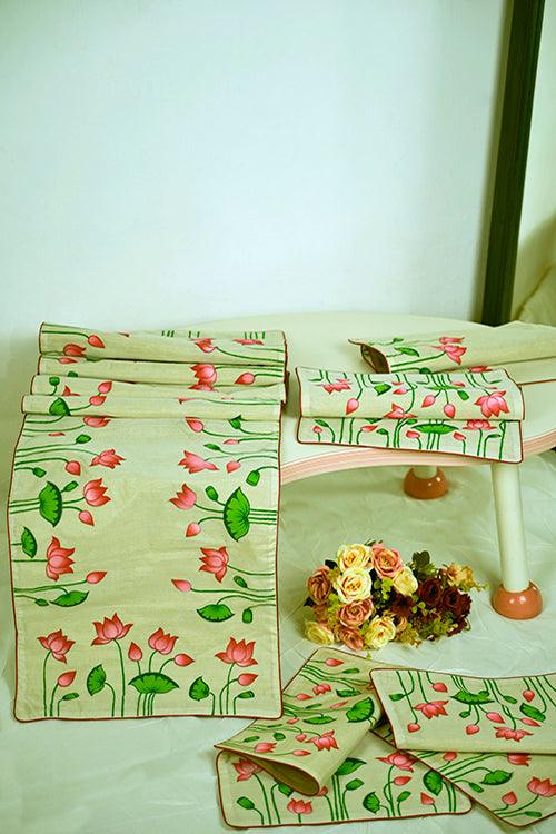 Madhubani Handpainted Chanderi Table Runner & Table Mats Set