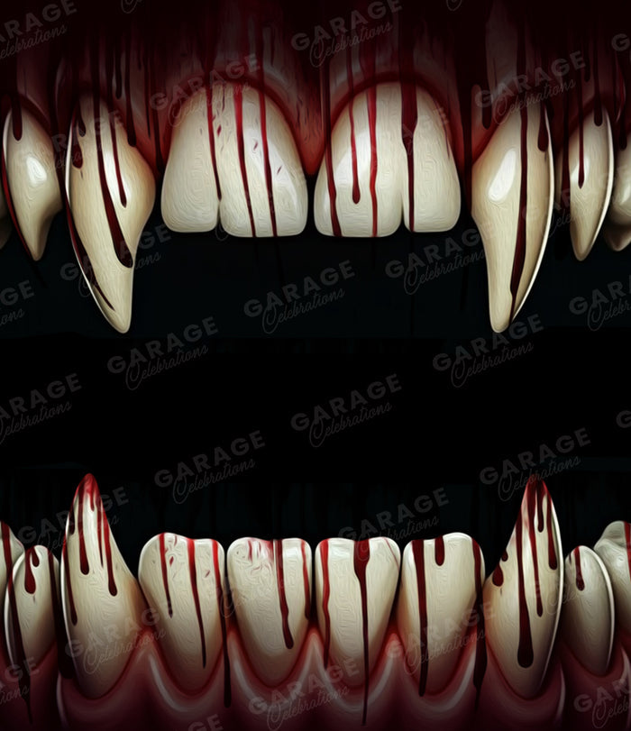Halloween-themed teeth with blood effects on a dark background