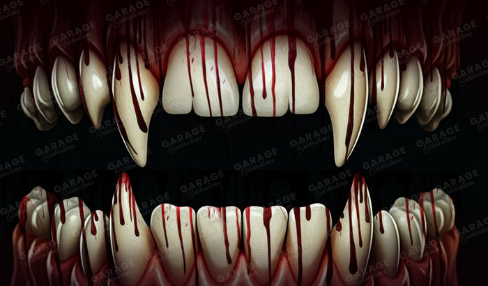 Ghoulishly designed teeth with blood effects on a dark background