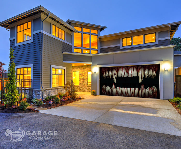 Modern house with garage door featuring a set of scary teeth design.