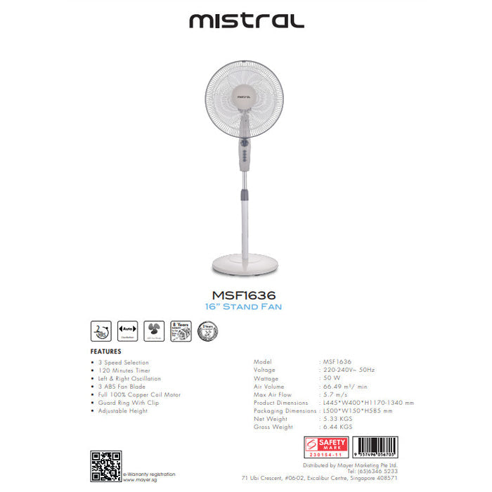 Mistral 16" Oscillating Stand Fan With Timer | MSF1636