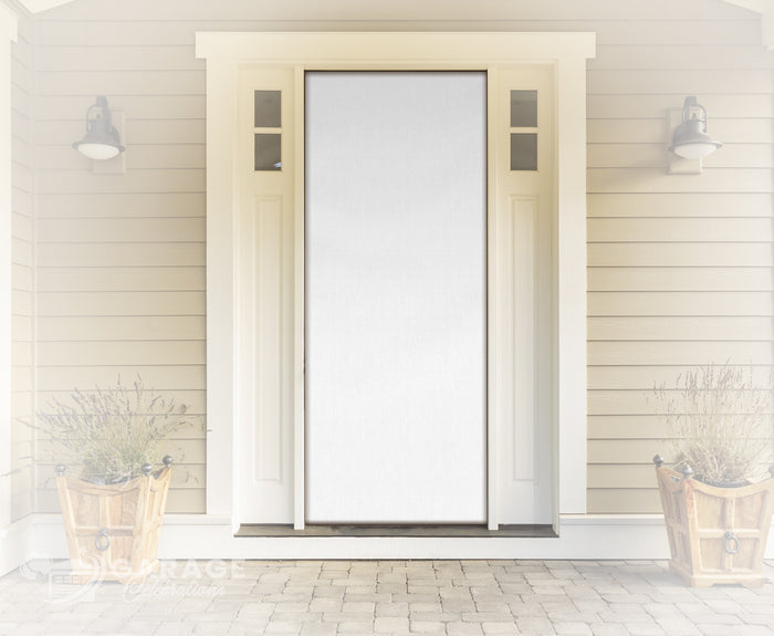 White movie screen door cover with decorative frames on a light wooden wall.