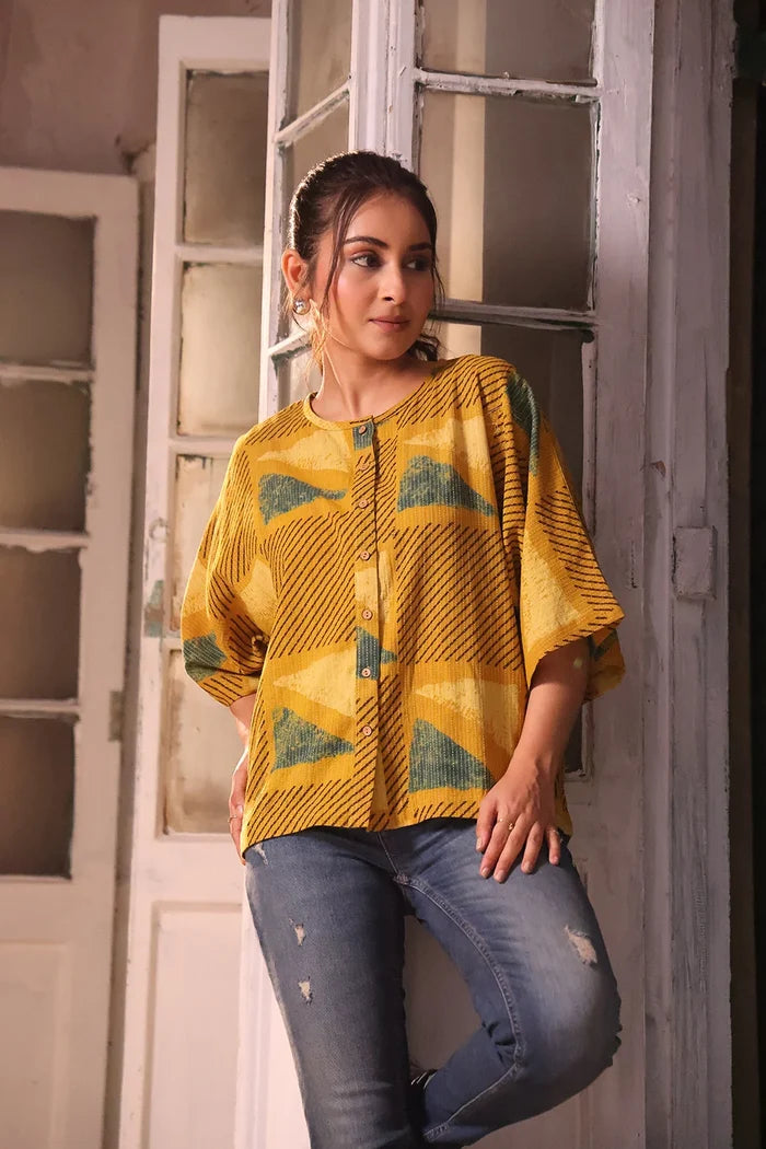 Mustard Yellow Cotton Ajrakh Shirt