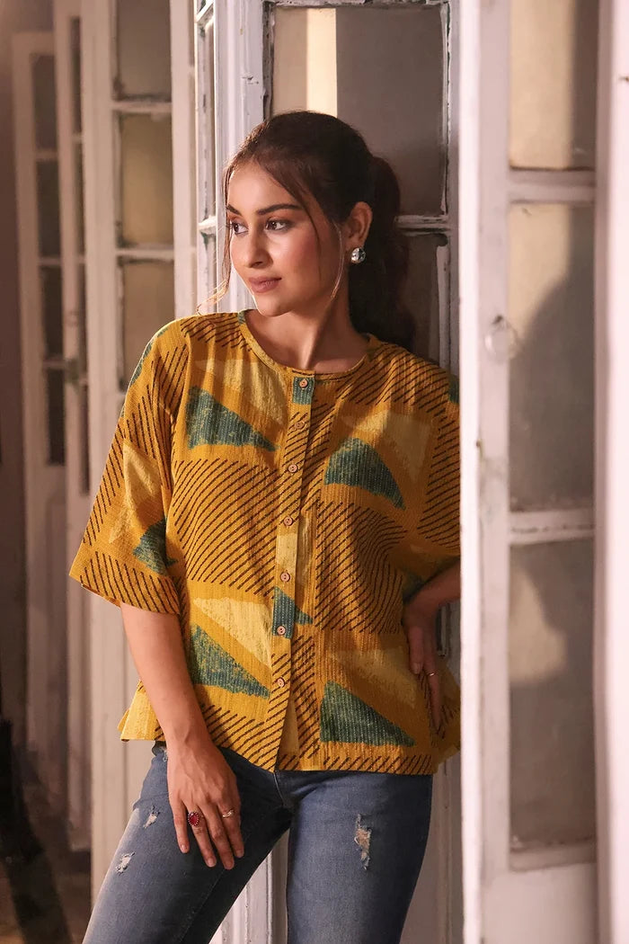 Handcrafted Mustard Yellow Cotton Ajrakh Print Shirt for Casual Everyday Wear