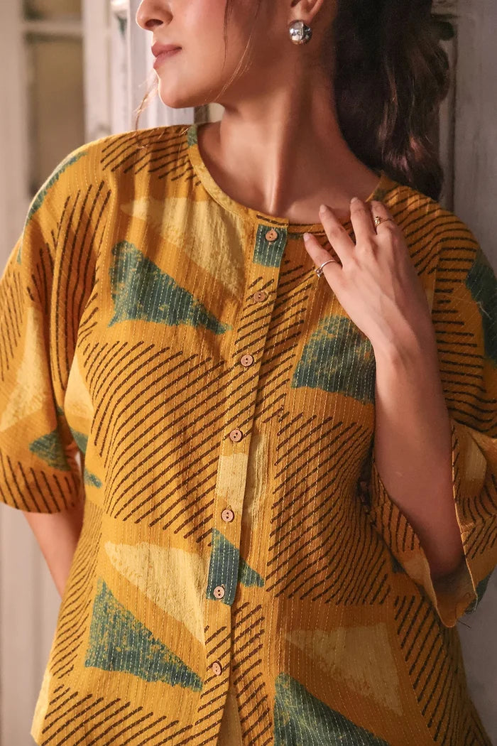 Elegant Mustard Yellow Ajrakh Cotton Shirt for Festive and Ethnic Wear