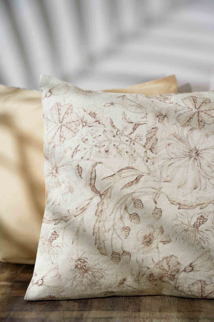 "Neutral Garden: Beige Floral Patterned Cushion Cover"