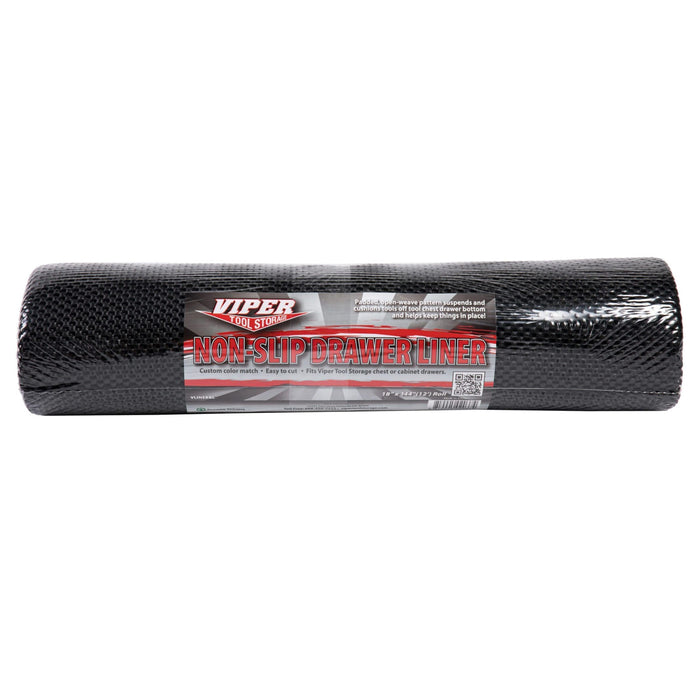Rolled black drawer liner shown in clear retail packaging
