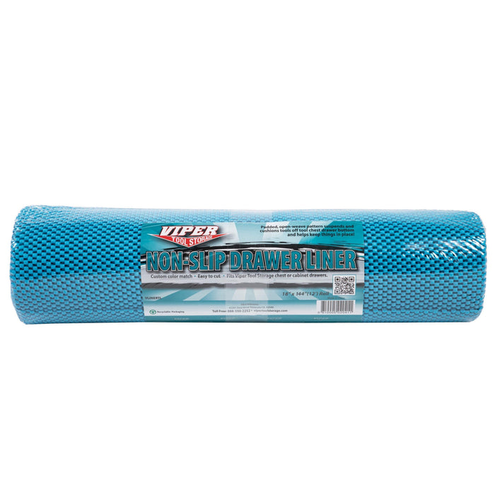 Rolled teal drawer liner shown in clear retail packaging