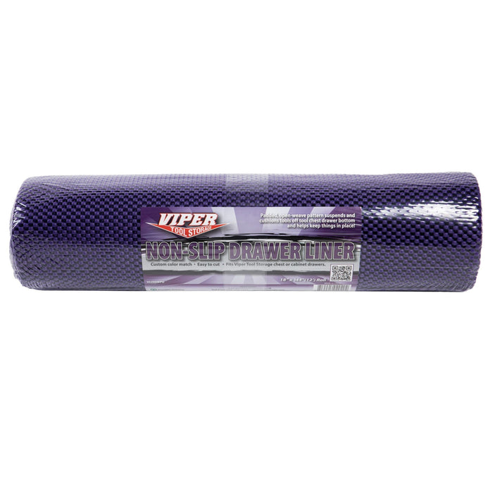 Rolled purple drawer liner shown in clear retail packaging