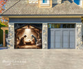 Garage door with nativity scene design in front of a house