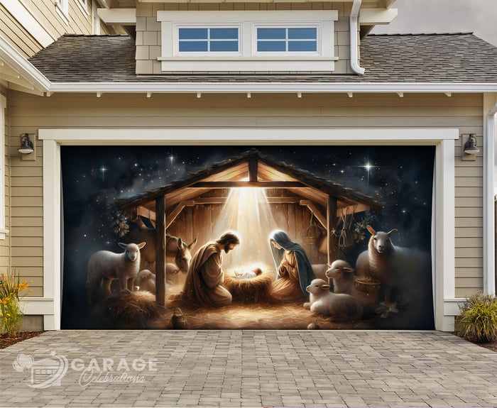 Garage door with nativity scene design featuring Mary, Joseph, and baby Jesus.