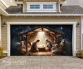 Garage door with nativity scene design featuring Mary, Joseph, and baby Jesus.