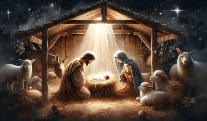 Nativity scene with Jesus, Mary, and Joseph in a stable with animals and a star in the sky.
