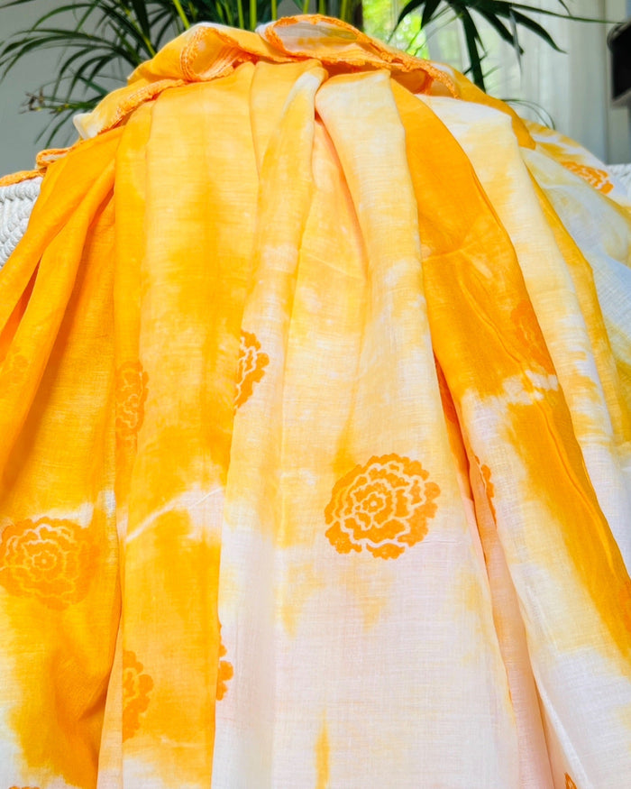 Orange Mulmul cotton Shopaame Saree- Orange Marigold