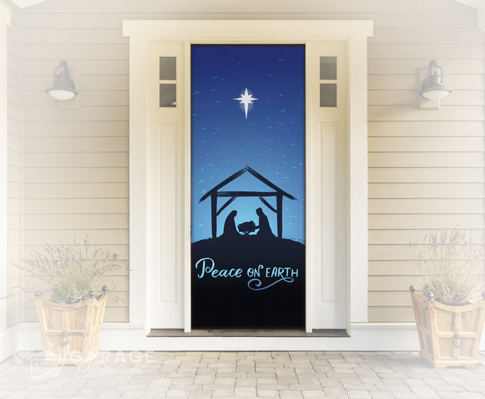 Decorative door with nativity scene and 'Peace on Earth' text in a home setting