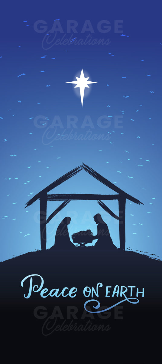 Silhouette of a nativity scene with stable, star, and text 'Peace on Earth' against a blue night sky.