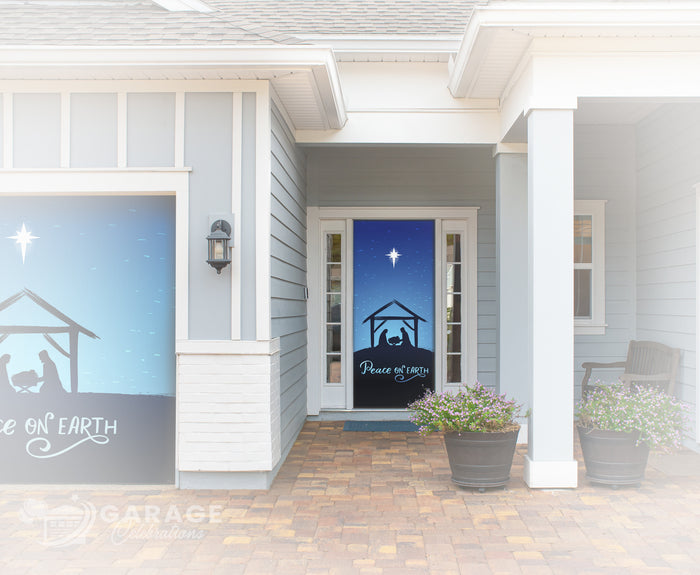 Decorative garage door with nativity scene and 'Peace on Earth' text in a home setting.