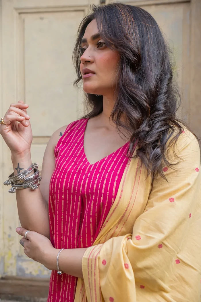 Close Up of Woven Texture on Pink Pure South Cotton Kurta Set