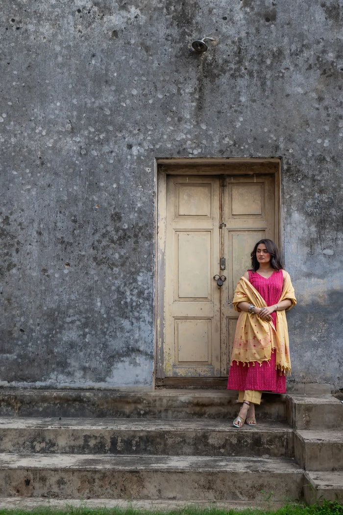 Premium Pink Pure South Cotton Woven Kurta Set with Dupatta for Wedding Wear
