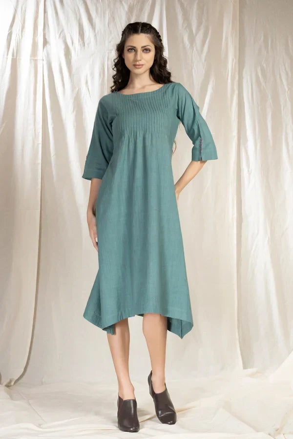 PinTuck Perfection- Blue Asymmetric Dress