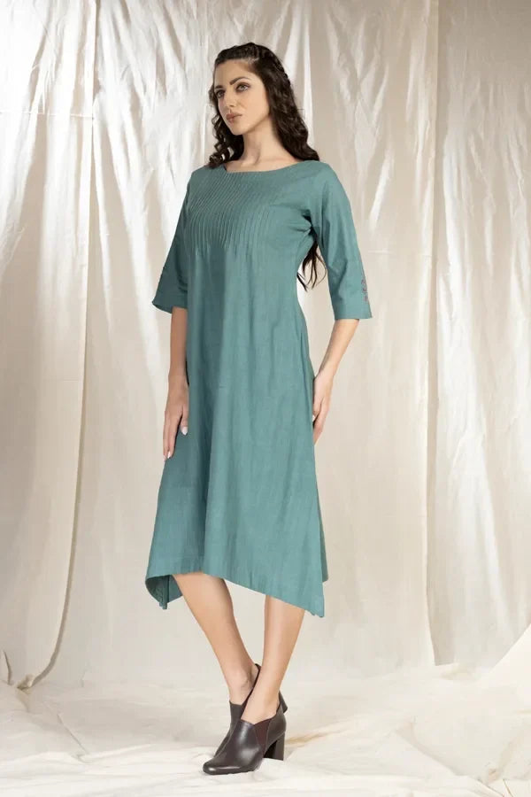 PinTuck Perfection- Blue Asymmetric Dress