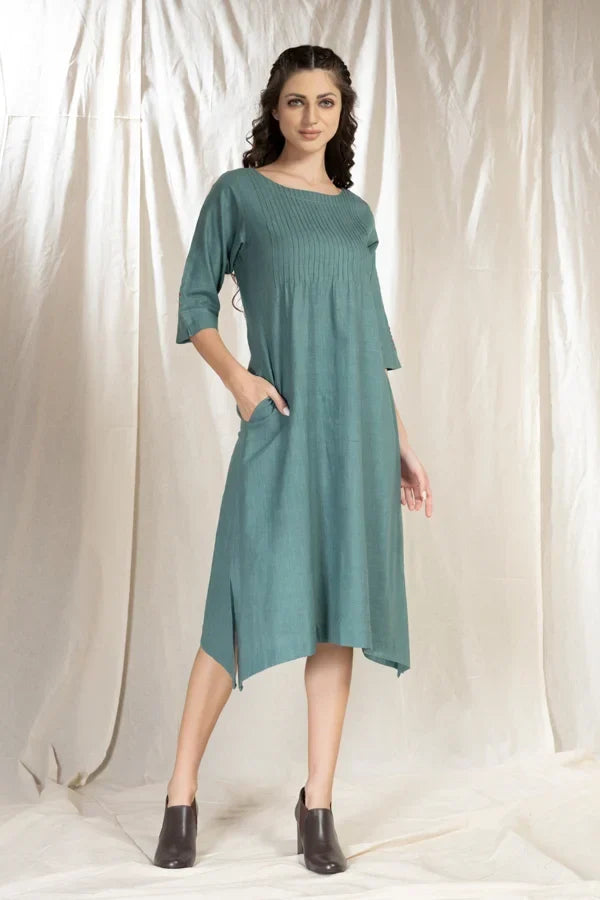 PinTuck Perfection- Blue Asymmetric Dress